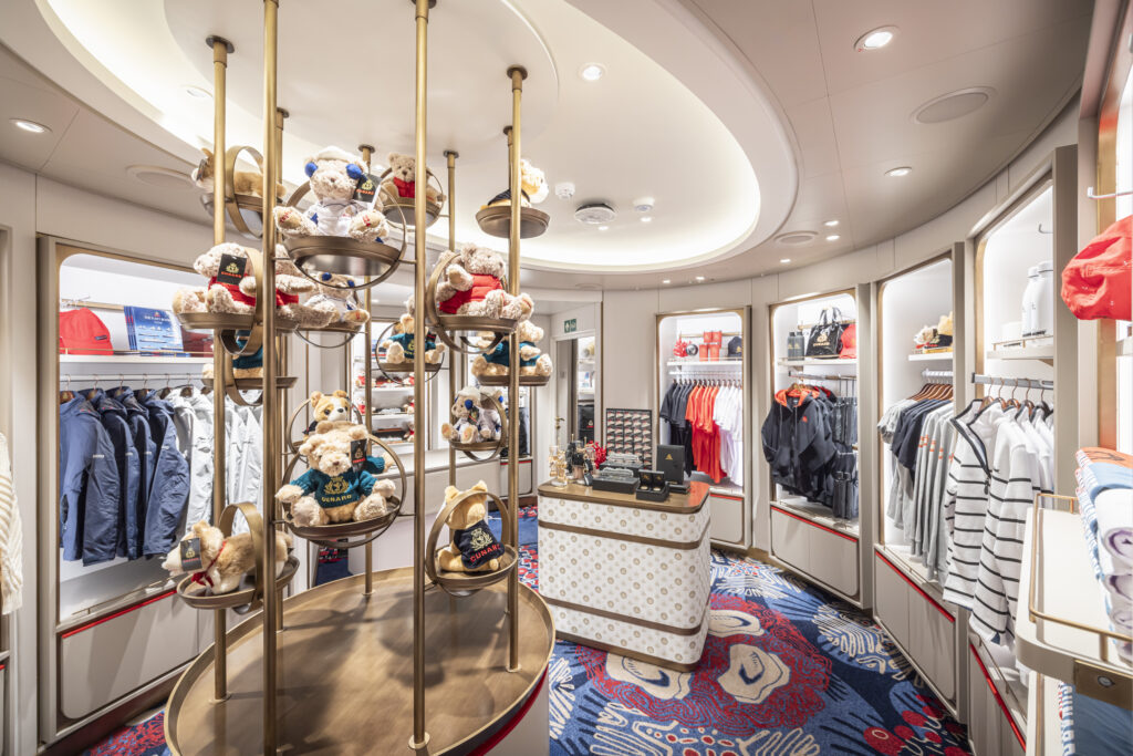 Interior of the Logo Shop on board Queen Anne in Italy. Client: Cunard. Picture date: Monday April 22, 2024. Photograph by Christopher Ison © 07544044177 chris@christopherison.com www.christopherison.com IMPORTANT NOTE REGARDING IMAGE LICENCING FOR THIS PHOTOGRAPH: This image is supplied to the client under the terms previously agree. No sales are permitted unless expressly agreed in writing by the photographer. Image licence is for below the line only. No out of home use without acquiring an extended image licence.